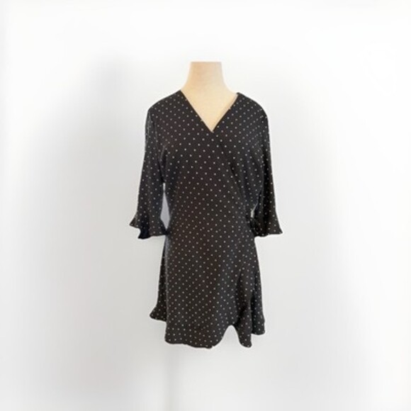 LOFT Black/White Polka Dot Wait Tie Faux Wrap 3/4 Sleeve Mini Skater Dress, Sz 8 - Picture 2 of 16